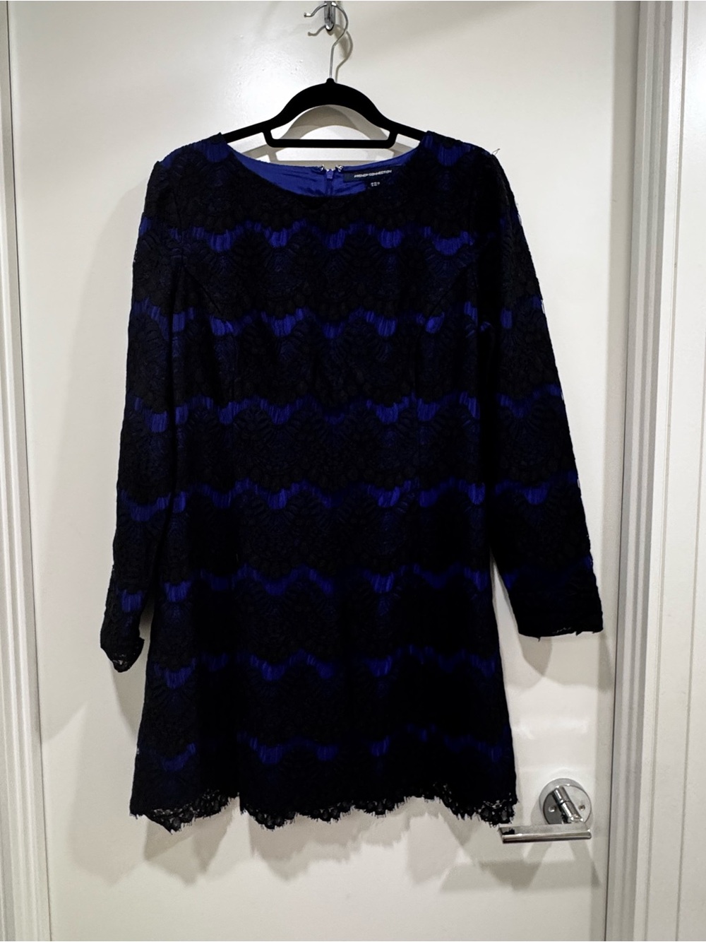 French Connection Black & Royal Blue Long-Sleeve French Lace Shift Dress